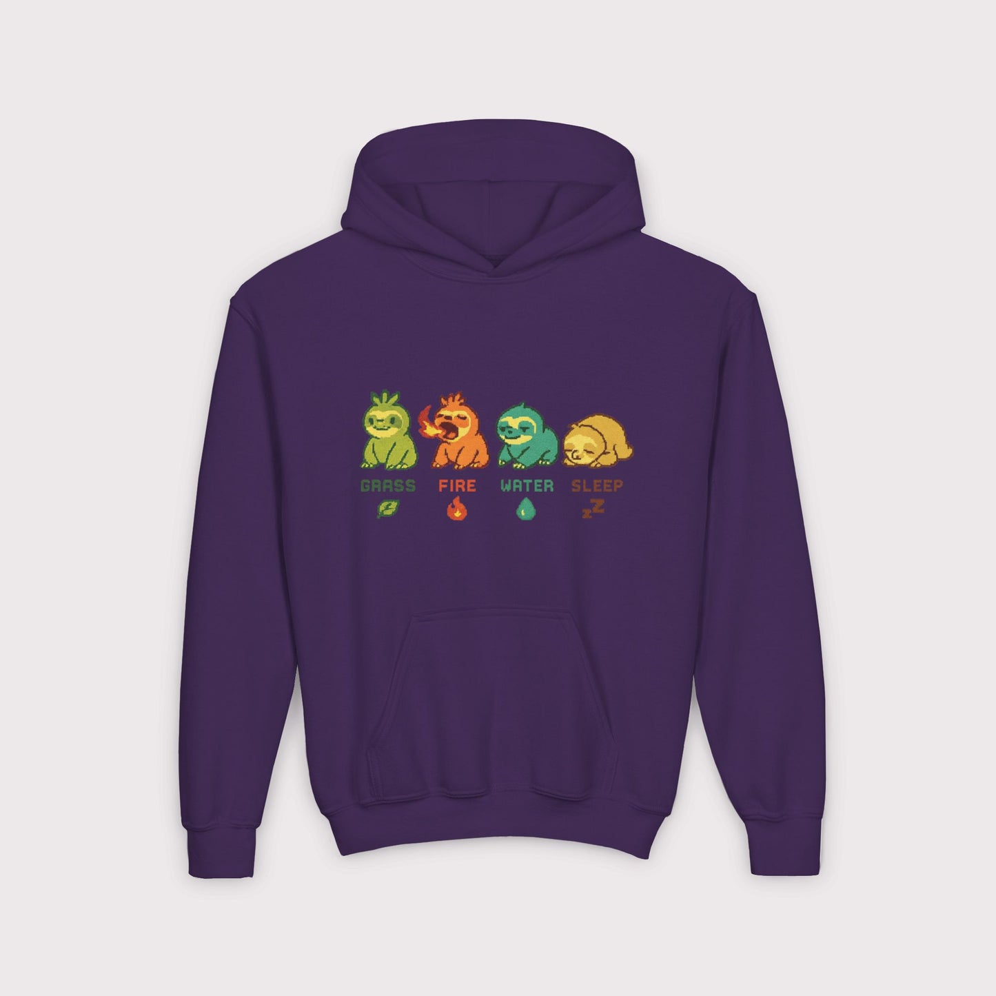 Elemental Sloths Kids Hoodie – Grass, Fire, Water, Sleep