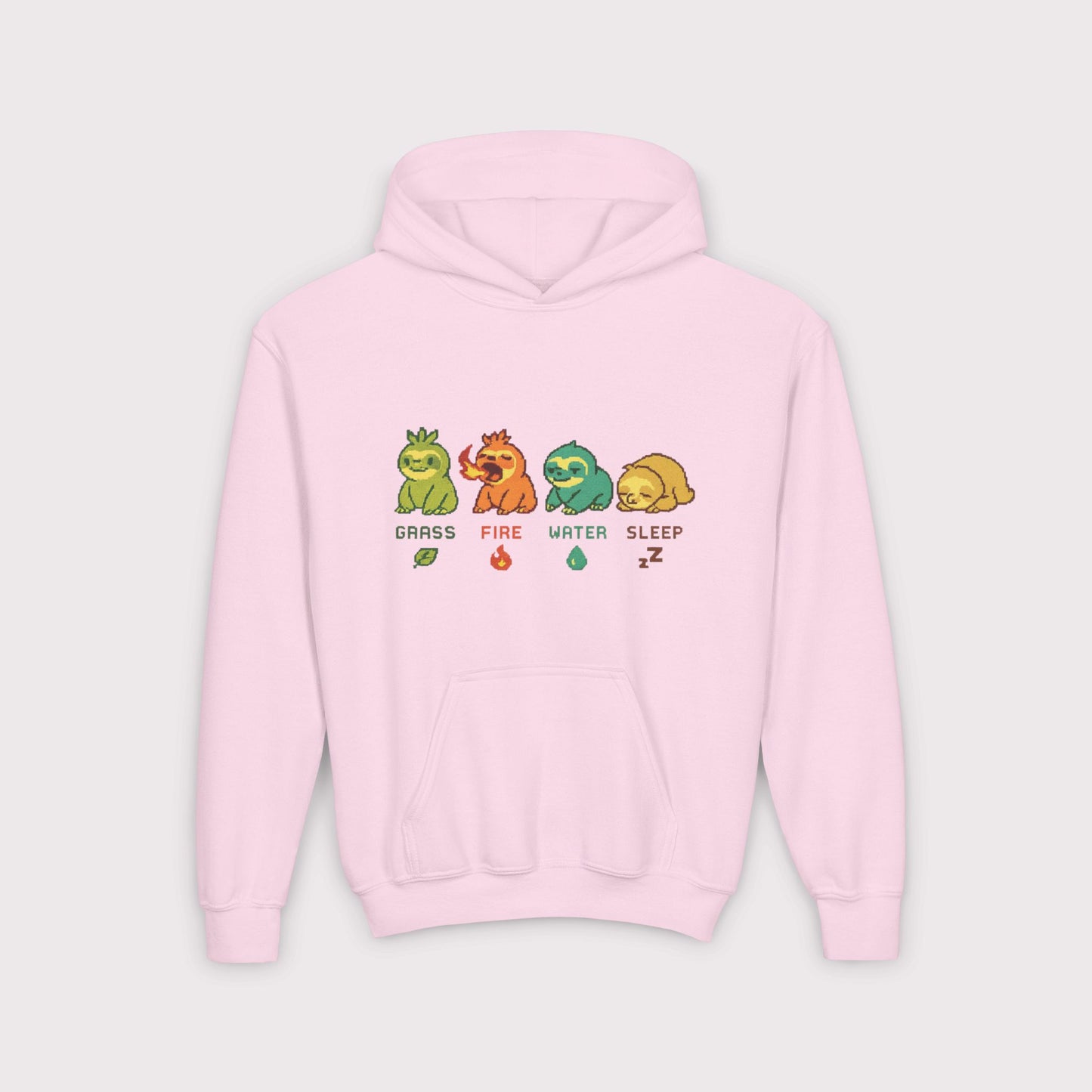 Elemental Sloths Kids Hoodie – Grass, Fire, Water, Sleep