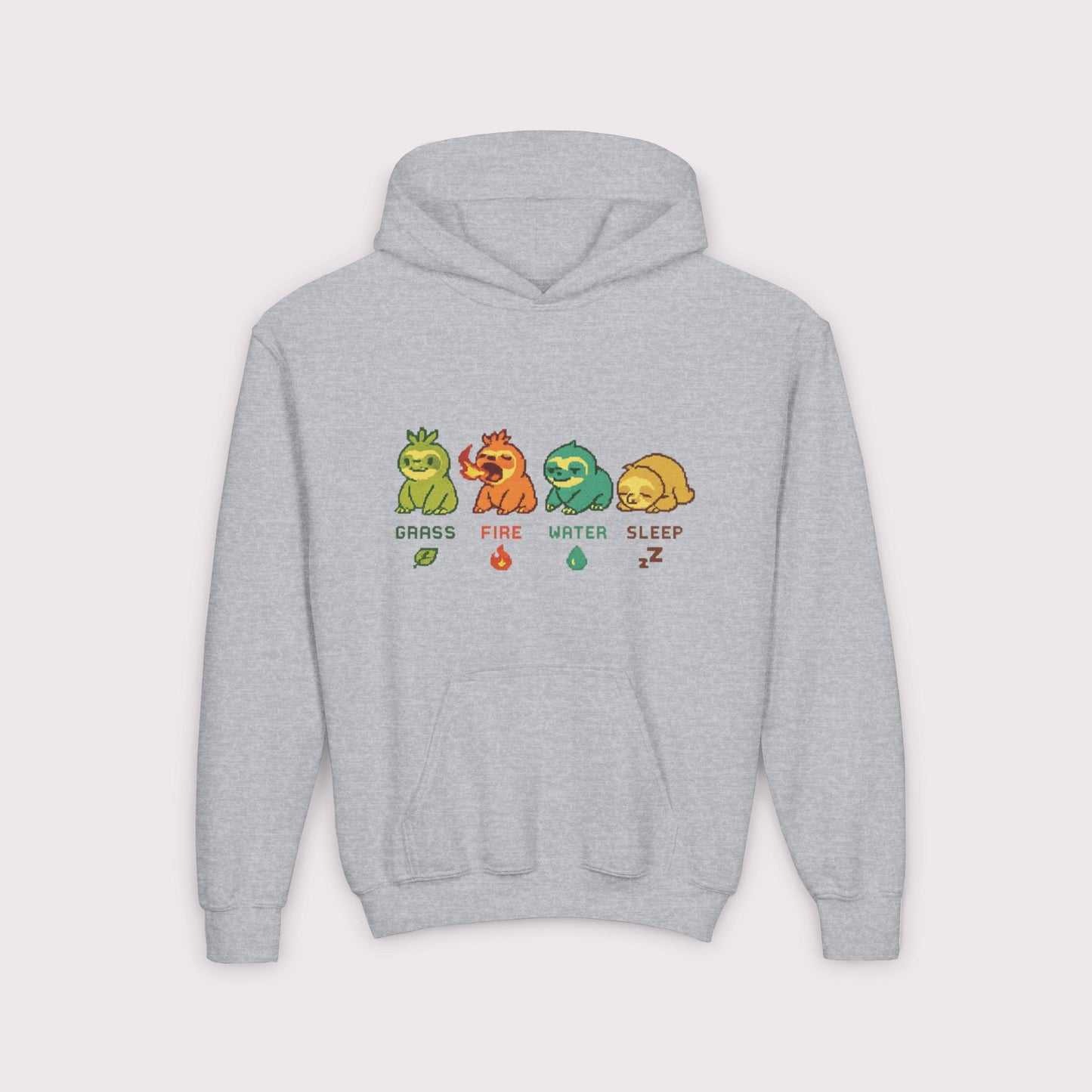 Elemental Sloths Kids Hoodie – Grass, Fire, Water, Sleep