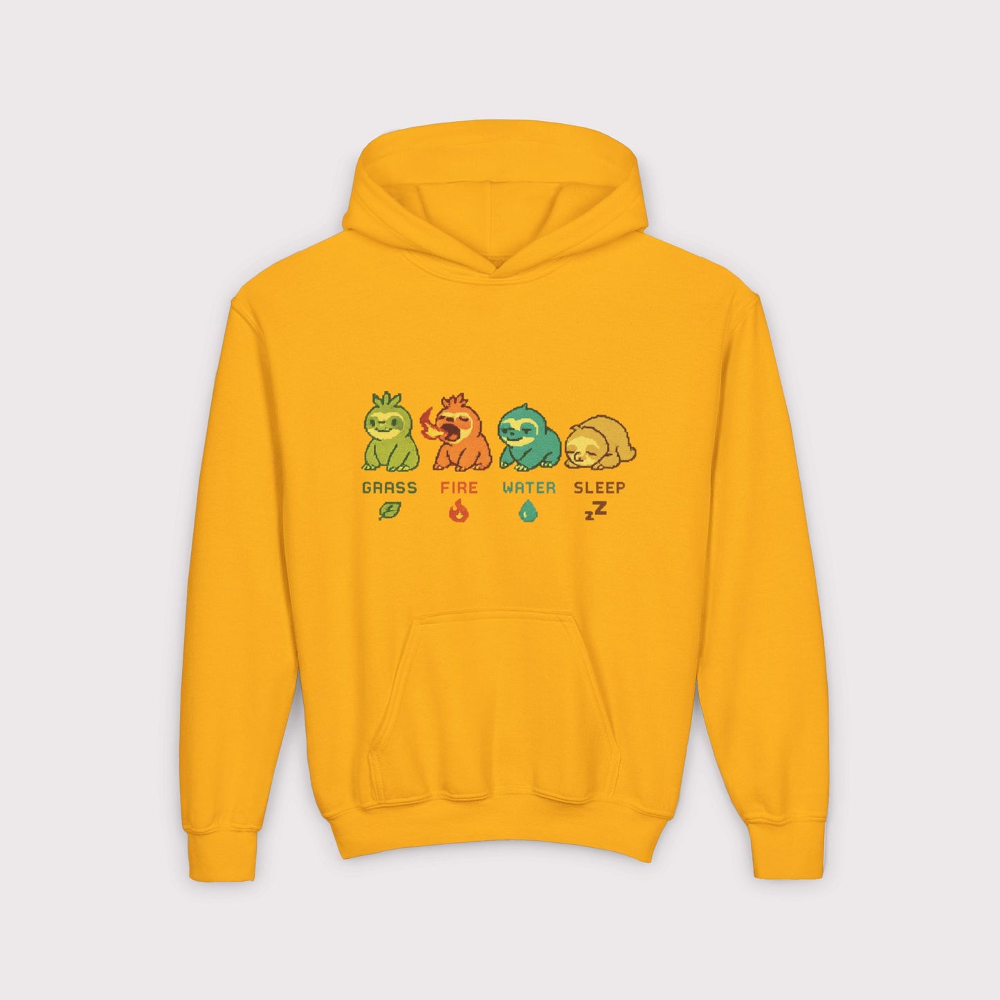 Elemental Sloths Kids Hoodie – Grass, Fire, Water, Sleep