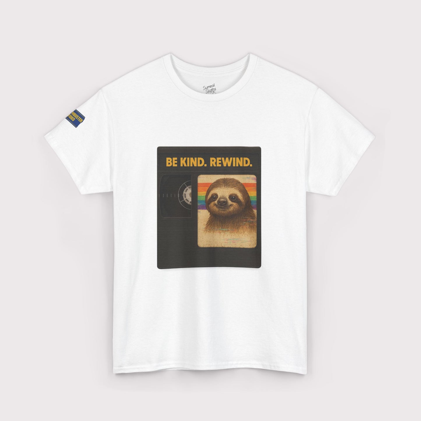 White t-shirt with a graphic of a sloth and text 'BE KIND. REWIND.' on a white background