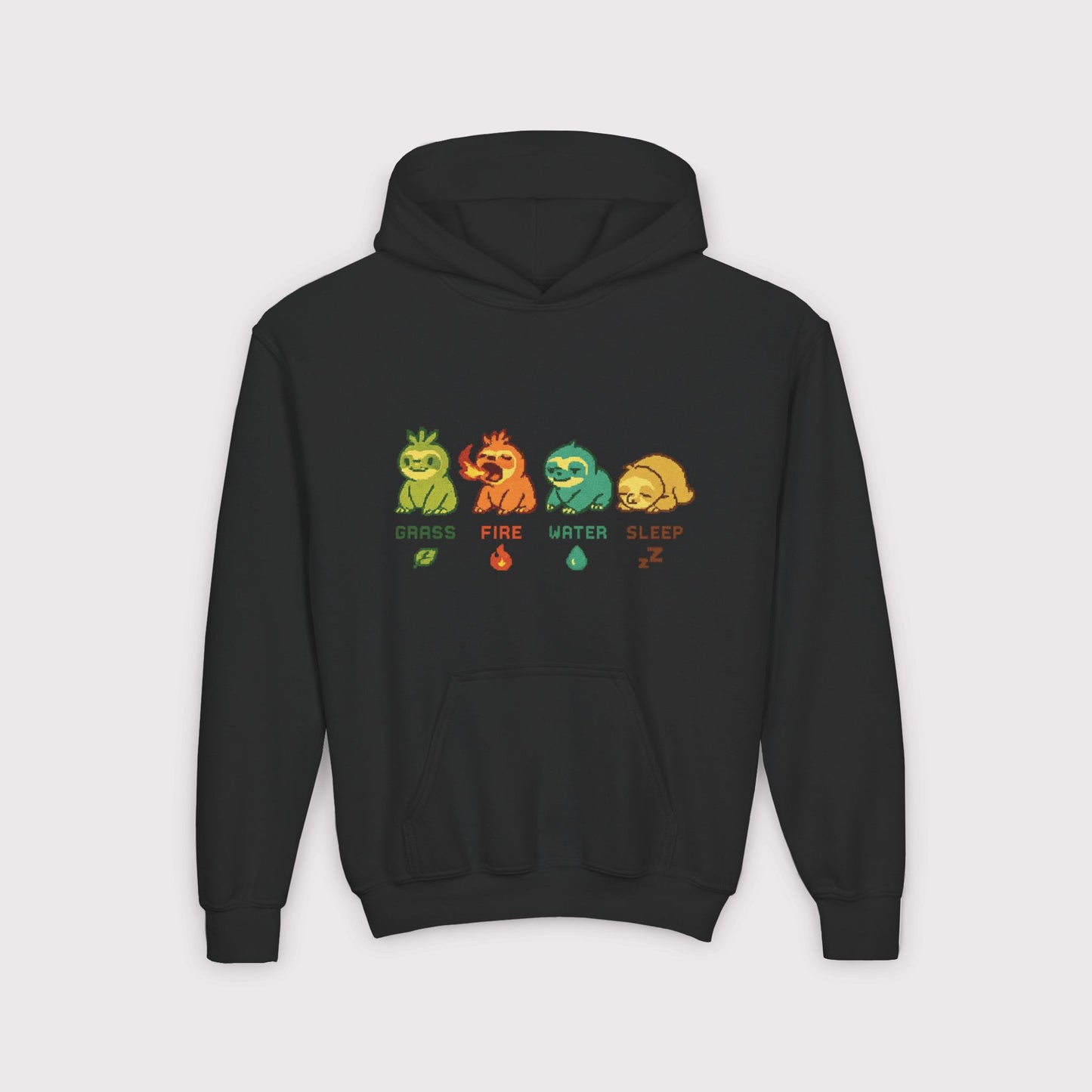 Elemental Sloths Kids Hoodie – Grass, Fire, Water, Sleep