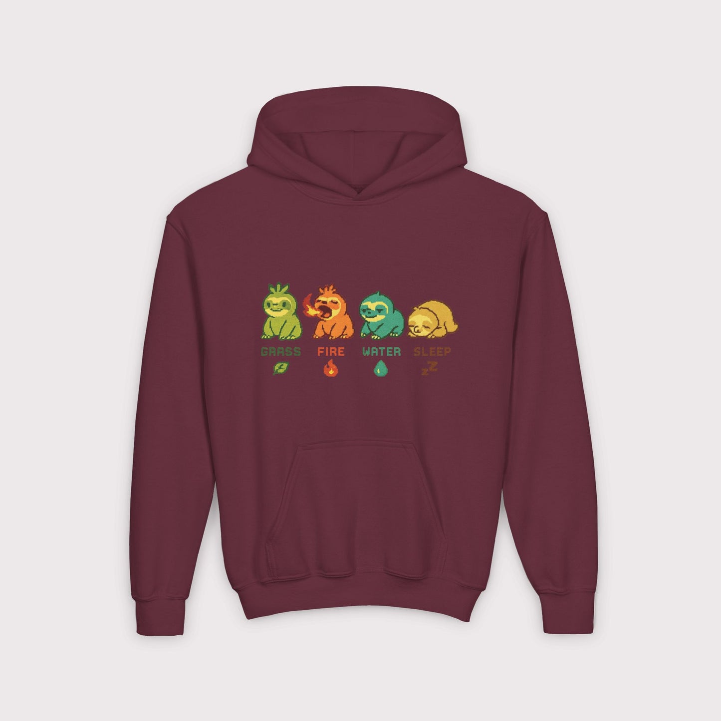 Elemental Sloths Kids Hoodie – Grass, Fire, Water, Sleep