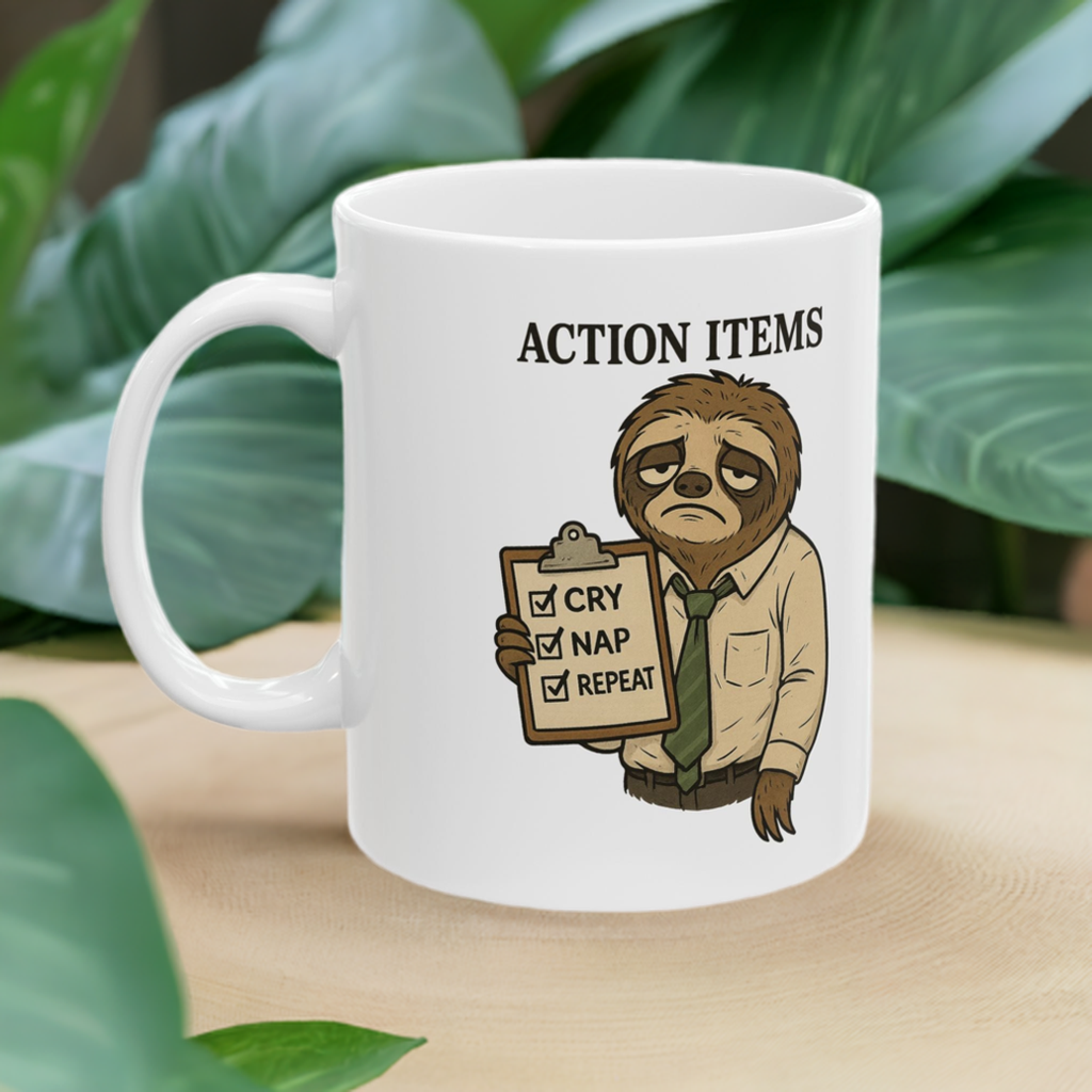 Action Items Mug – Cry, Nap, Repeat Sloth Design