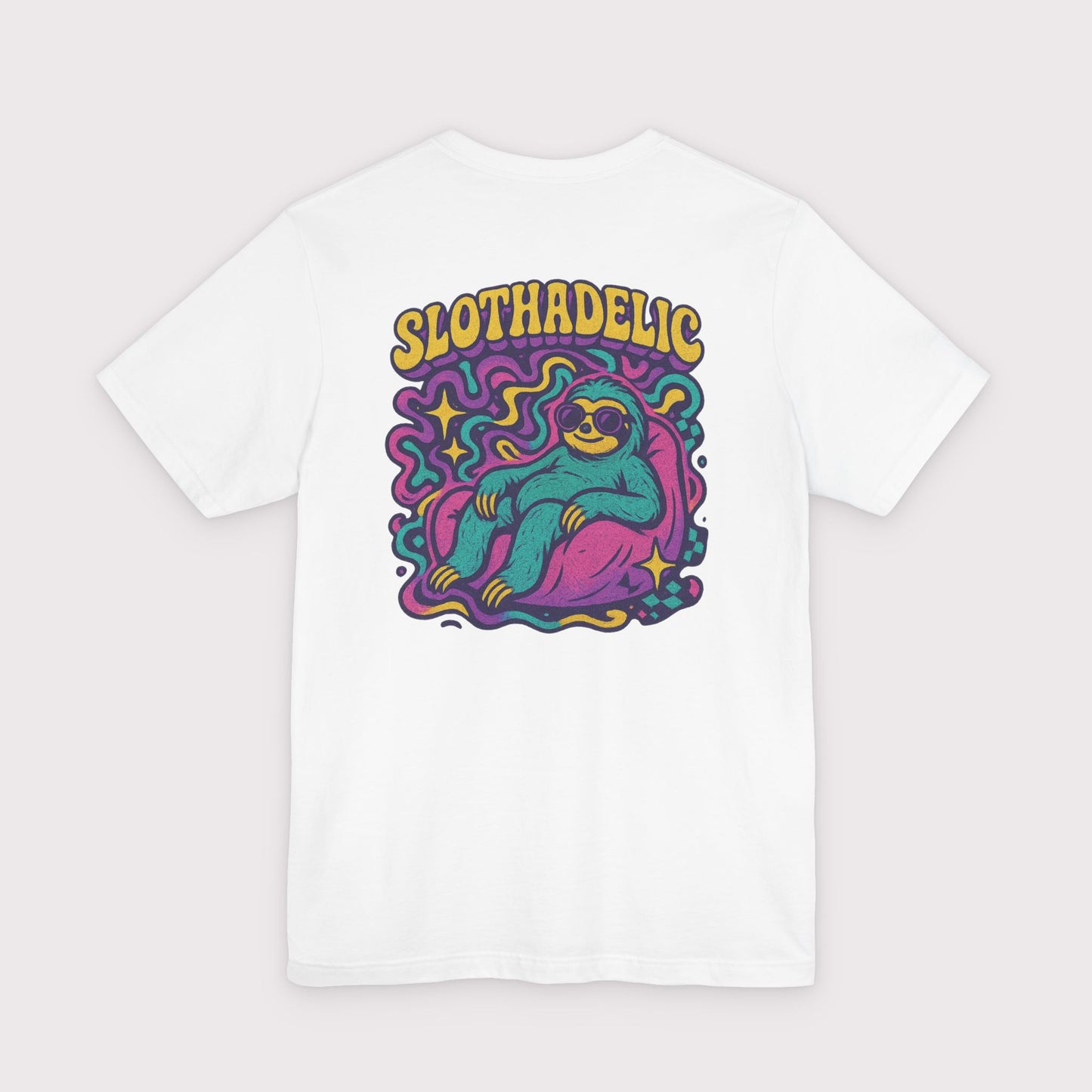 White t-shirt with colorful sloth graphic and 'Slothadelic' text on a light gray background