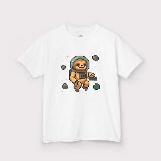 White t-shirt with pixel art of a sloth in an astronaut suit on a white background