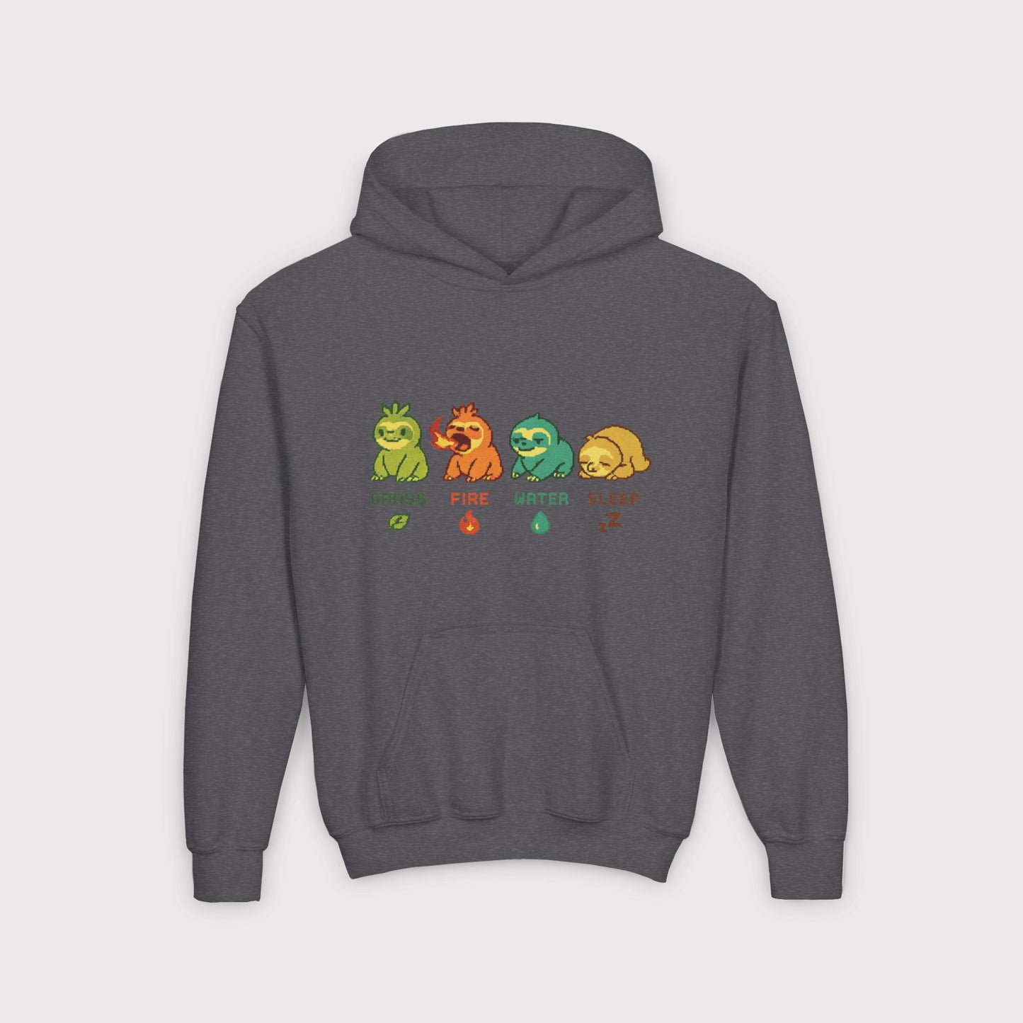 Elemental Sloths Kids Hoodie – Grass, Fire, Water, Sleep
