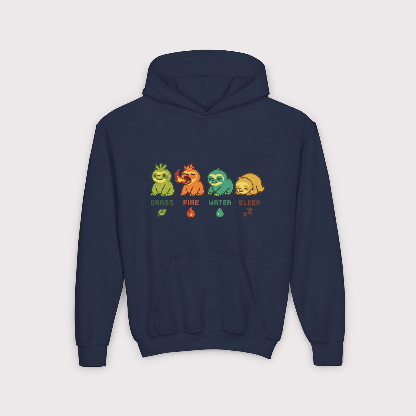 Elemental Sloths Kids Hoodie – Grass, Fire, Water, Sleep