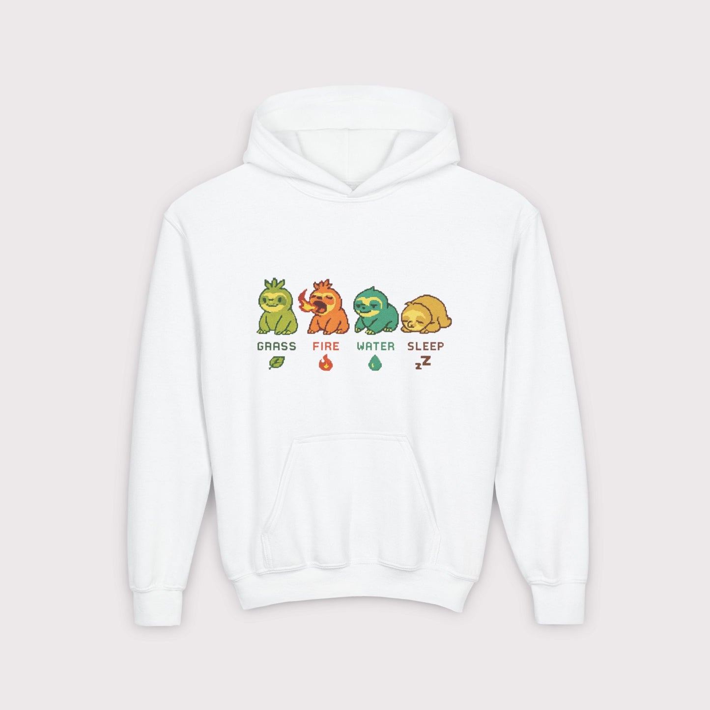 Elemental Sloths Kids Hoodie – Grass, Fire, Water, Sleep
