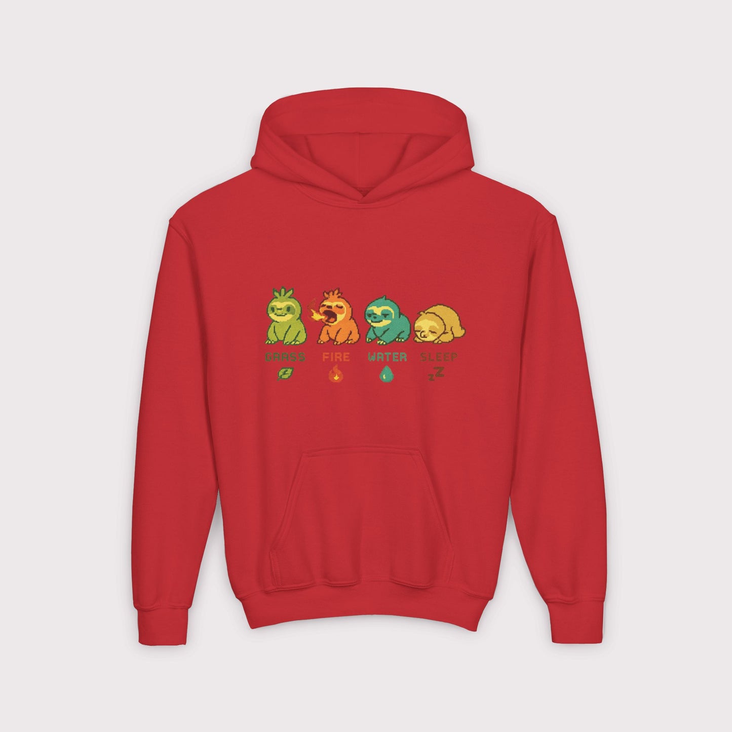 Elemental Sloths Kids Hoodie – Grass, Fire, Water, Sleep