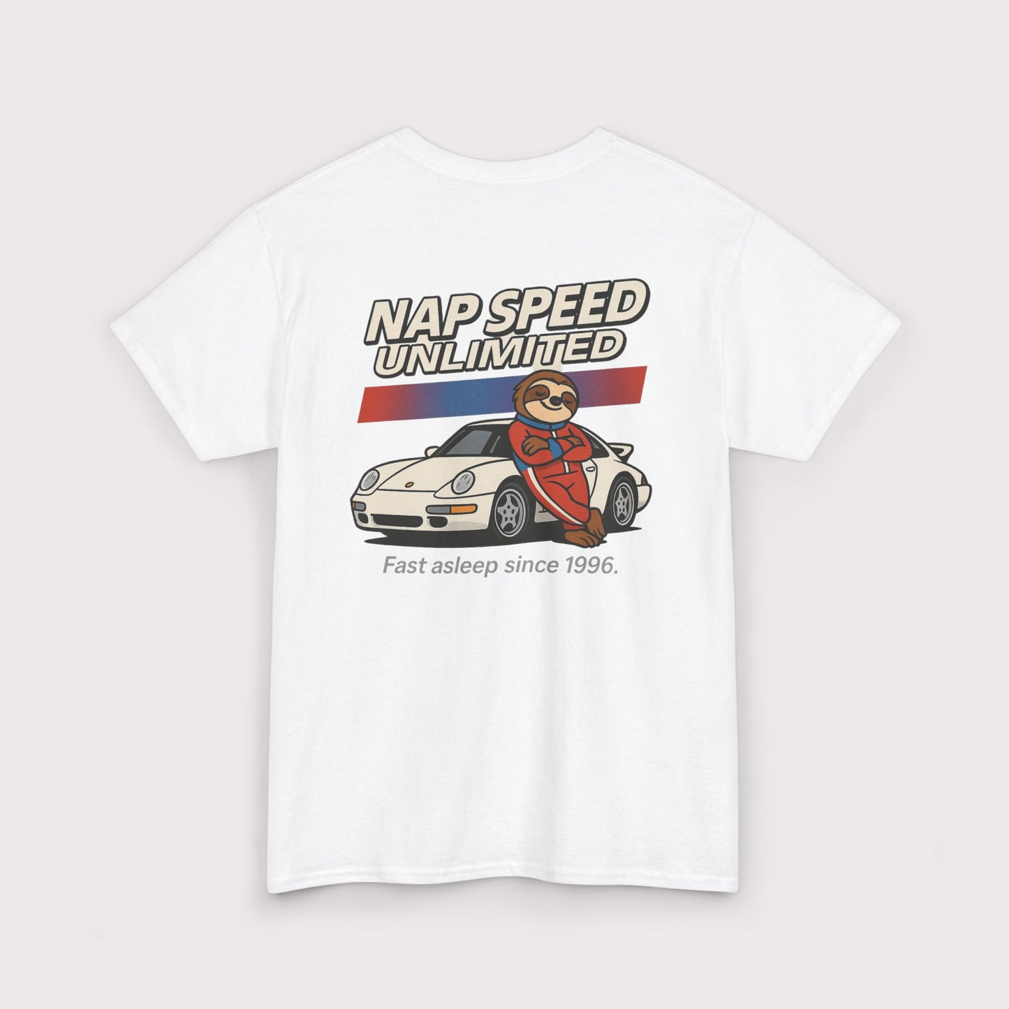 White t-shirt with a sloth and car graphic and 'Nap Speed Unlimited' text on a white background