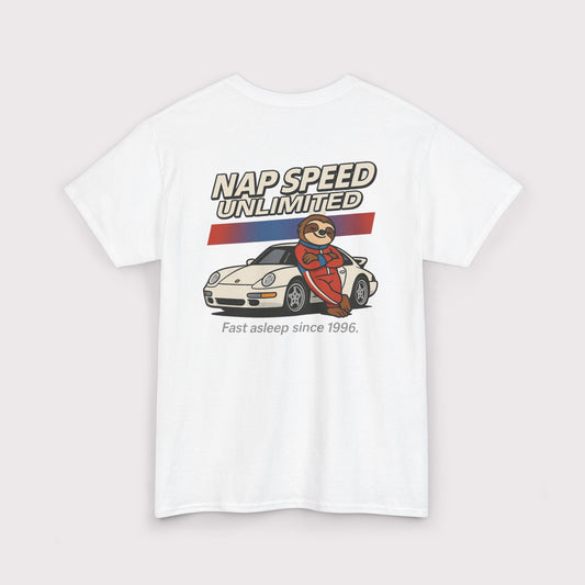 White t-shirt with a sloth and car graphic and 'Nap Speed Unlimited' text on a white background