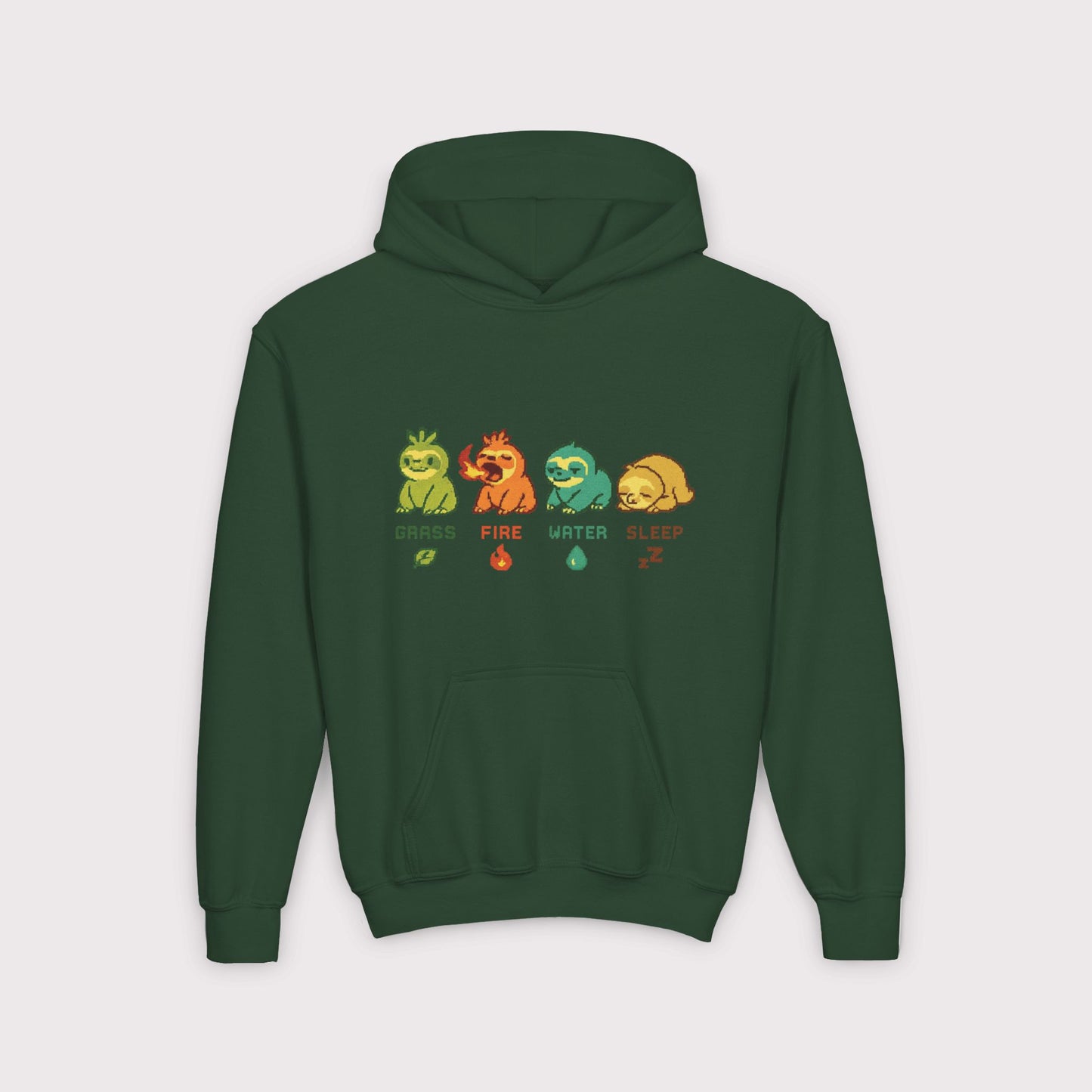 Elemental Sloths Kids Hoodie – Grass, Fire, Water, Sleep