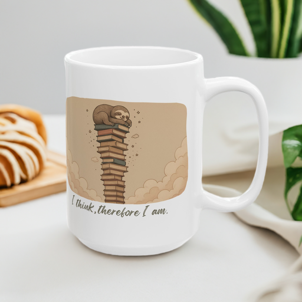 I Think, Therefore I Am – Sloth on Books Ceramic Mug