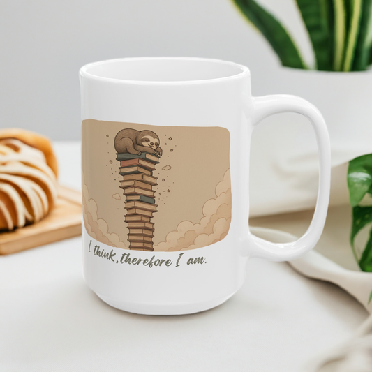 I Think, Therefore I Am – Sloth on Books Ceramic Mug