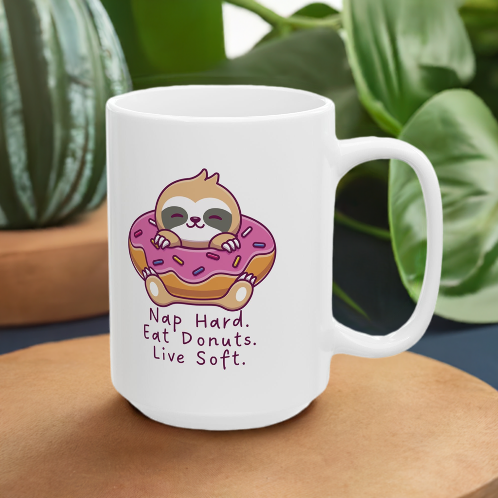 Sloth Mug – Nap Hard. Eat Donuts. Live Soft.