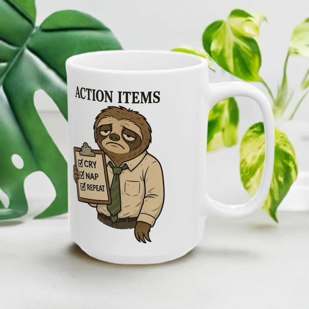 Action Items Mug – Cry, Nap, Repeat Sloth Design