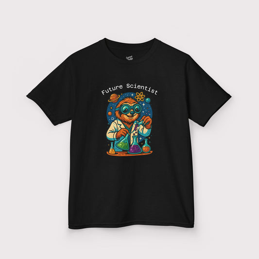 Black t-shirt with a colorful graphic of a sloth in a lab coat and 'Future Scientist' text on a white background