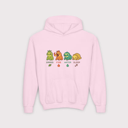 Elemental Sloths Kids Hoodie – Grass, Fire, Water, Sleep