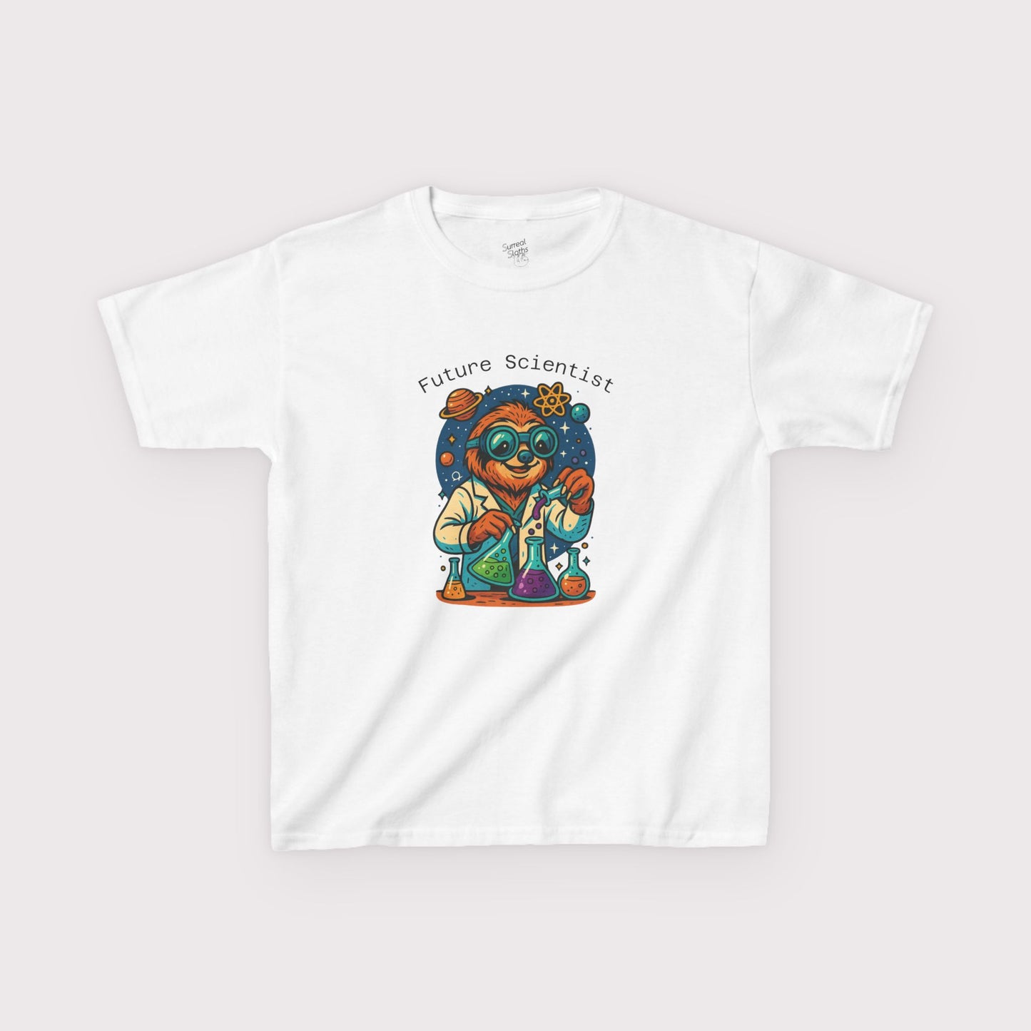 White t-shirt with a colorful graphic of a sloth labeled 'Future Scientist' on a white background