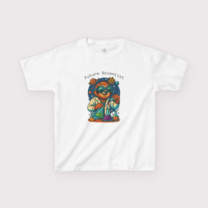 White t-shirt with a colorful graphic of a sloth labeled 'Future Scientist' on a white background