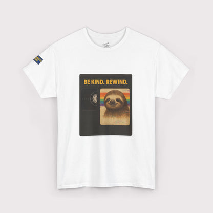 White t-shirt with a graphic of a sloth and text 'BE KIND. REWIND.' on a white background