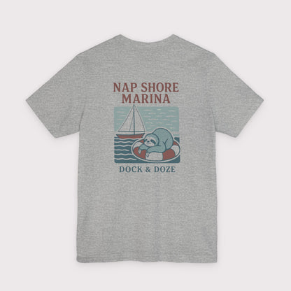 Gray t-shirt with 'Nap Shore Marina' and sloth graphic on a white background