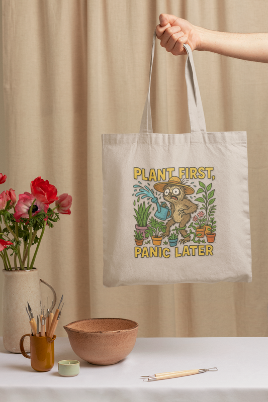 Plant First, Panic Later Tote Bag
