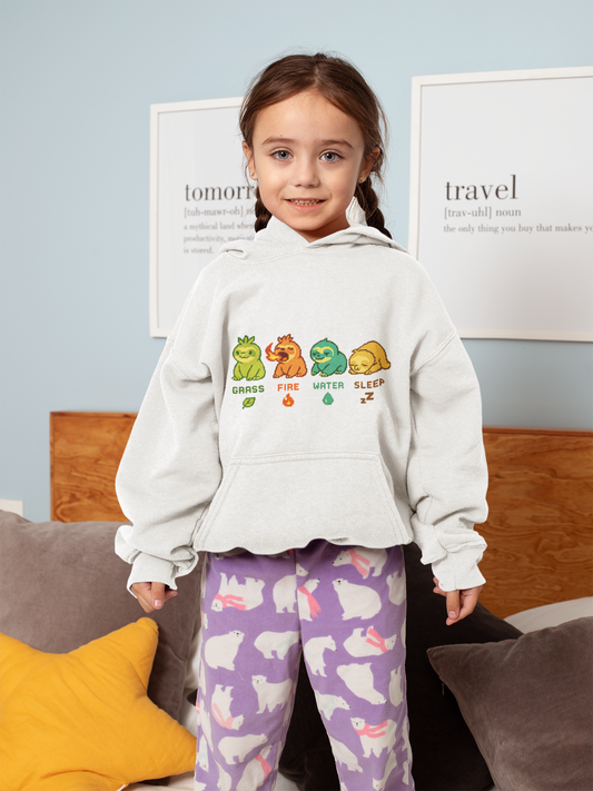 Elemental Sloths Kids Hoodie – Grass, Fire, Water, Sleep