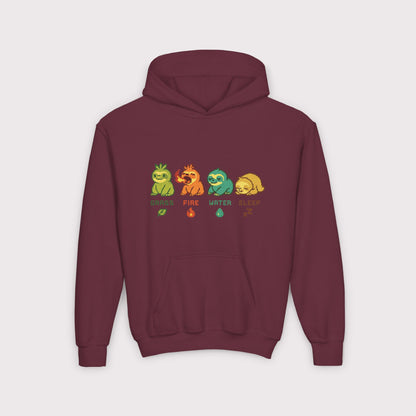 Elemental Sloths Kids Hoodie – Grass, Fire, Water, Sleep