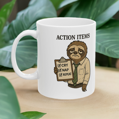 Action Items Mug – Cry, Nap, Repeat Sloth Design
