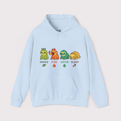 Elemental Sloths Hoodie – Grass, Fire, Water, Sleep