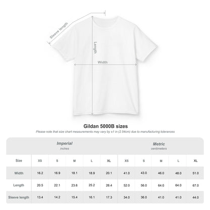 White t-shirt with measurement chart for Gildan 5000B sizes on a white background