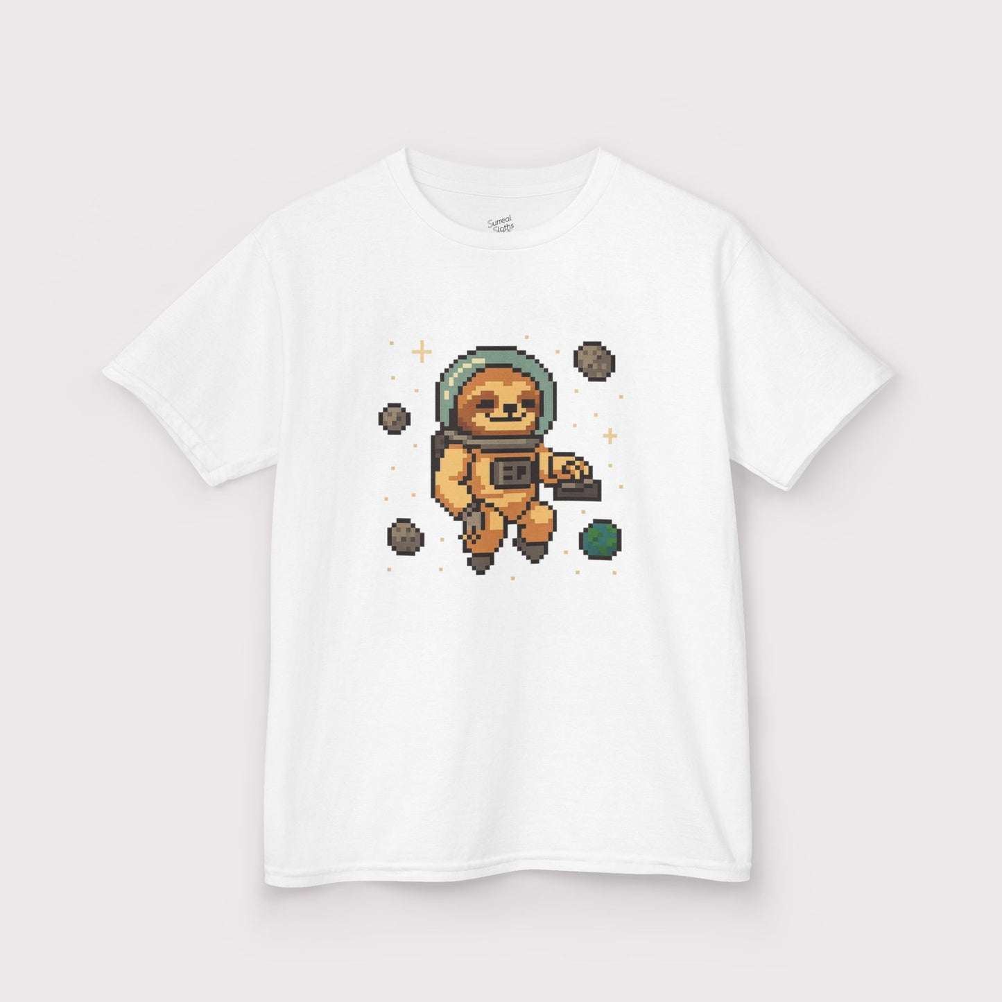 White t-shirt with pixel art of a sloth in an astronaut suit on a white background