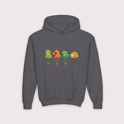 Elemental Sloths Kids Hoodie – Grass, Fire, Water, Sleep