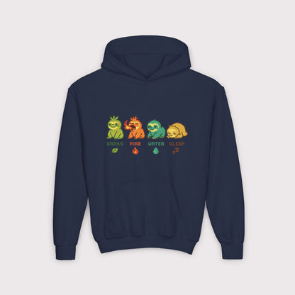Elemental Sloths Kids Hoodie – Grass, Fire, Water, Sleep