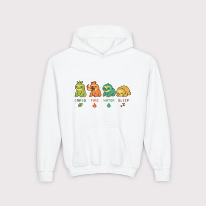 Elemental Sloths Kids Hoodie – Grass, Fire, Water, Sleep