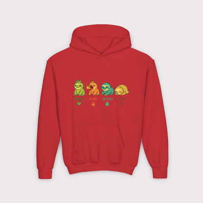 Elemental Sloths Kids Hoodie – Grass, Fire, Water, Sleep