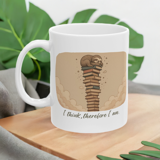 I Think, Therefore I Am – Sloth on Books Ceramic Mug