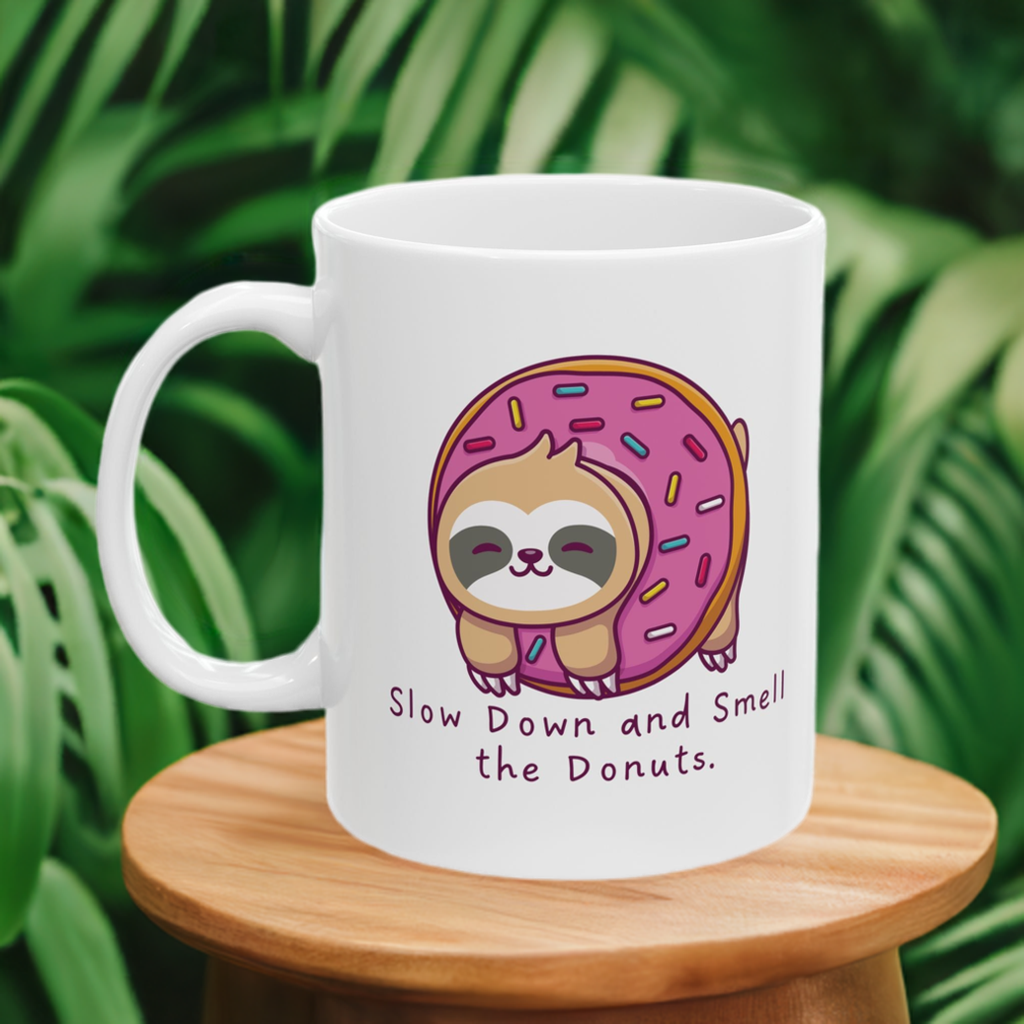 Sloth Mug - Slow Down and Smell the Donuts.